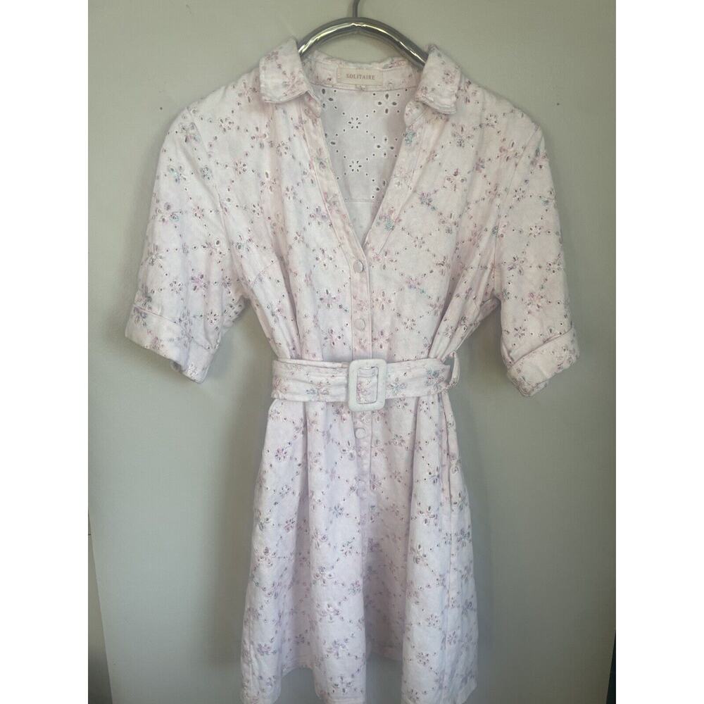 Collared Shirt Dress Eyelet Accents, Pockets, Pink,White Belted Lined Large
